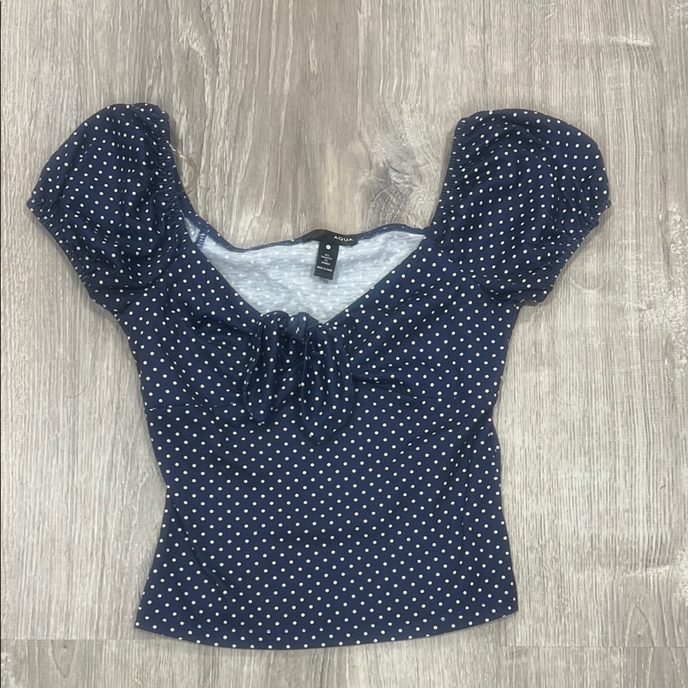 Aqua Blue and White polka dot Puff Sleeve Crop Blouse